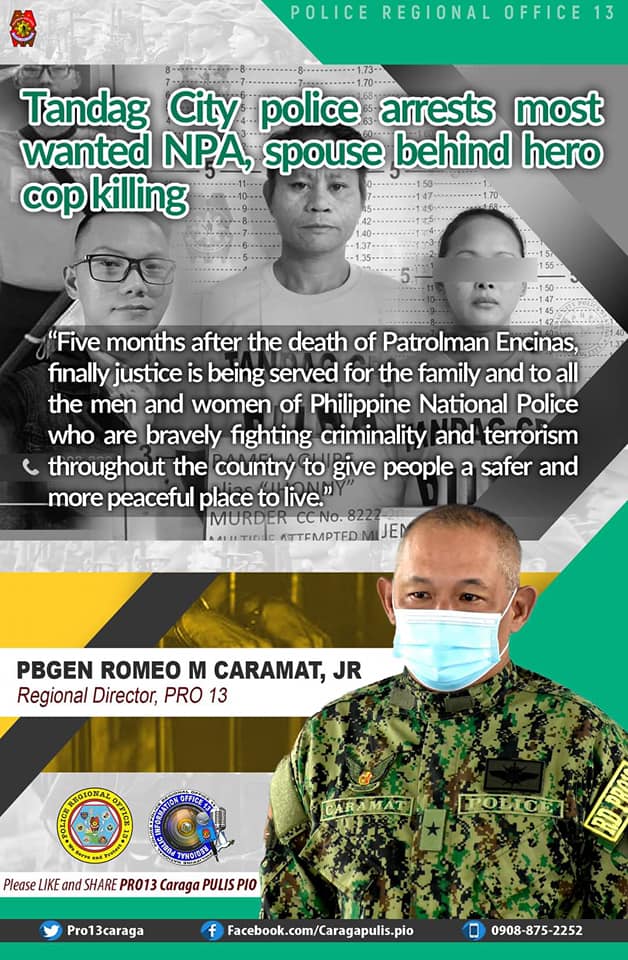 March 5 DXKS news-TANDAG CITY POLICE ARRESTS MOST WANTED NPA, SPOUSE BEHIND HERO COP KILLING2