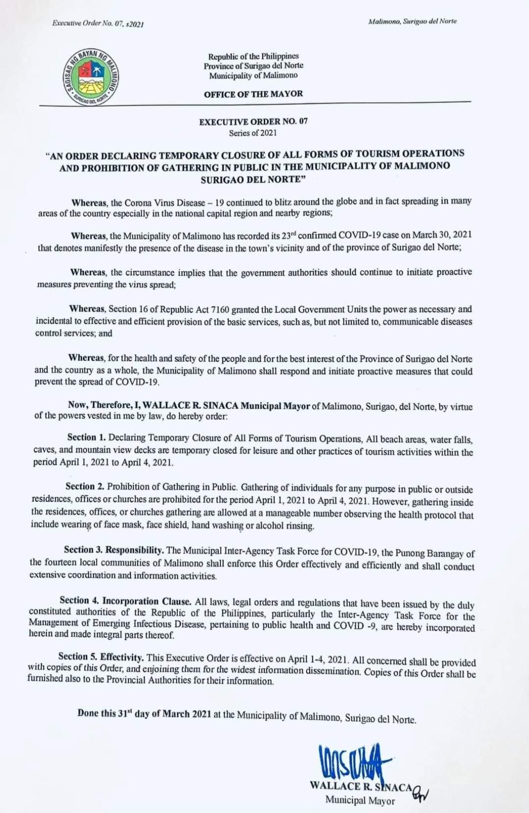 April 2 DXKS news-MALIMONO MAYOR WALLACE R. SINACA NAGPAKANAUG UG EXECUTIVE ORDER NO. 7