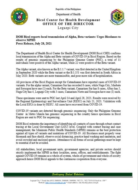 DOH Bicol Reports Local Transmission Of Alpha, Beta Variants Urges Bicolanos To Observe MPHS