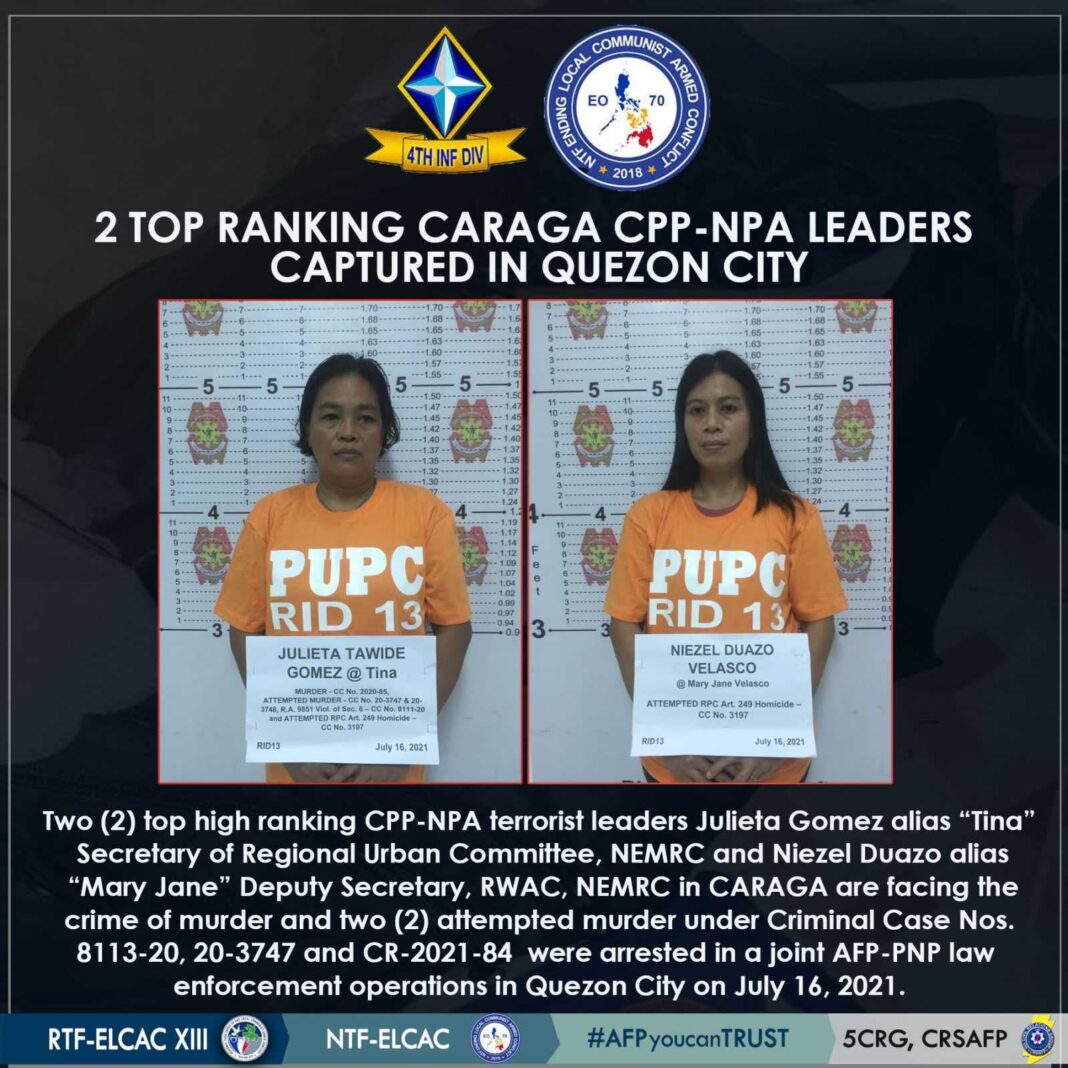 july 20 DXKS news-2 Top Ranking Caraga CPP-NPA Leaders Captured in Joint AFP-PNP Law Enforcement Operations in Quezon City