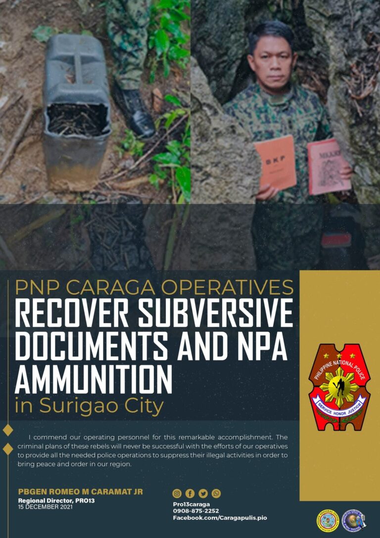 Surigao: PNP Caraga operatives recover subversive documents and NPA ammunition in Surigao City