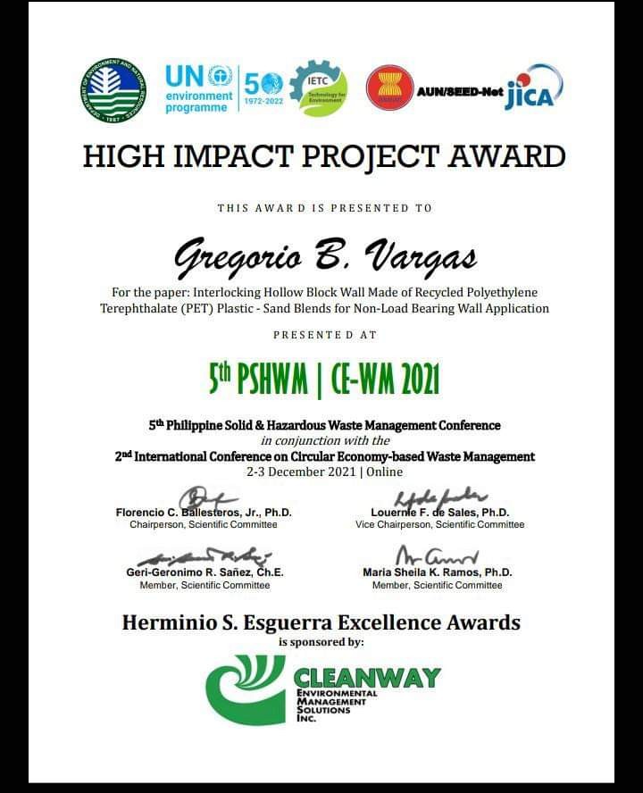 The award given to the inventor Gregorio B. Vargas