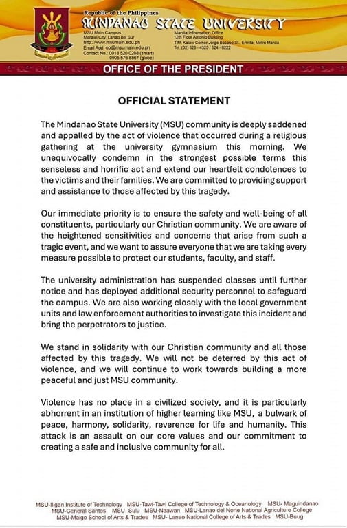 MSU statement on bombing incident