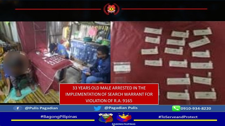 33 years old male arrested in the implementation of search warrant for violation of R.A. 9165