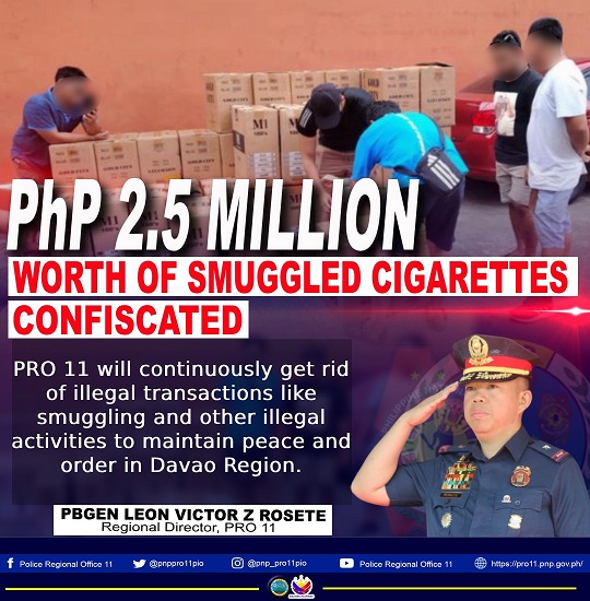 Kapin 2.5 million pesos nga kantidad sa smuggled nga sigarilyo, nakumpiska sa kapulisan