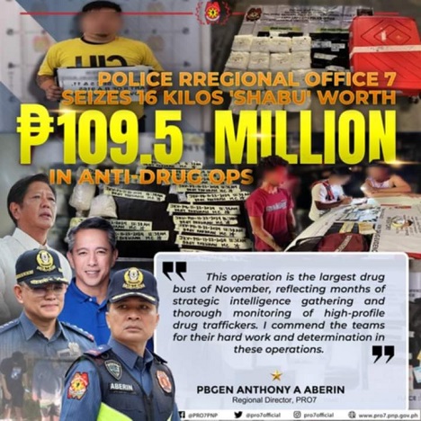 PRO-7 nakasakmit ug 16 kilos nga shabu na adunay standard drug value nga P109.5 milyon sa sunod-sunod nga operations