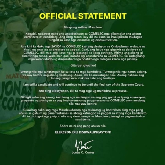 Kanhi Mandaue City Mayor Jonas Cortes nitubag sa Comelec sa pag kanselar sa iyang COC
