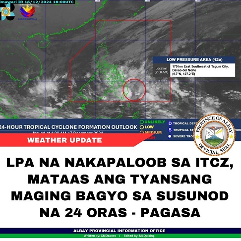 LPA na nakapaloob sa ITCZ, mataas ang tyansang maging bagyo sa susunod na 24 oras – PAGASA