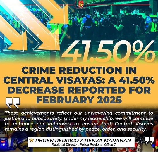 41.50% ang pagkunhod sa krimen sa Central Visayas sa Pebrero 2025