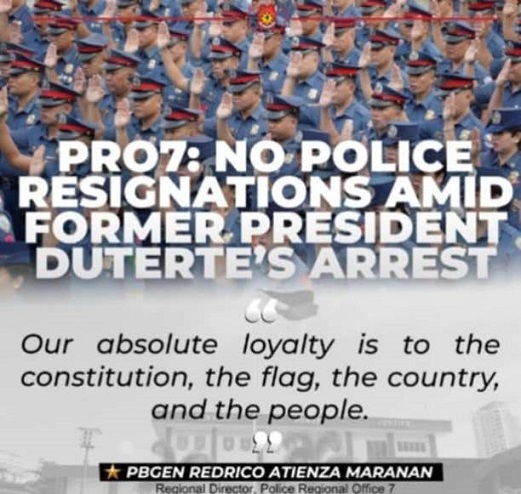 Wala’y mi-resign nga pulis human sa pagdakop ni Kanhi Presidente Duterte